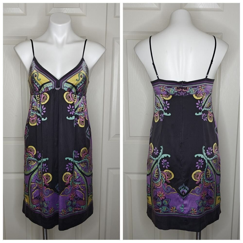 ECI 100% silk paisley floral V-neck spaghetti strap dress sz 4